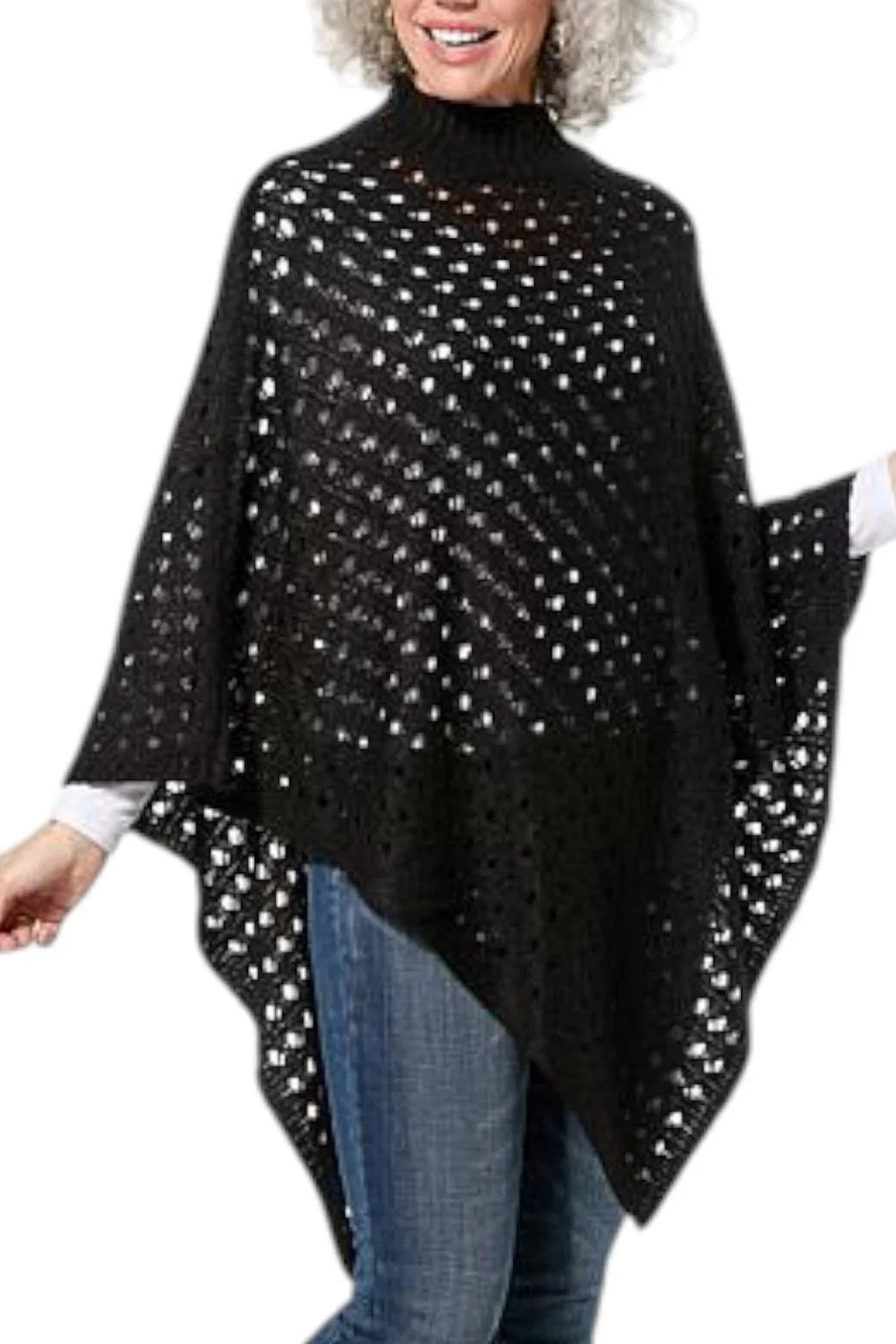 Antthony Women's Open Sweater Mock-Neck Asymmetrical Poncho Black - Regular